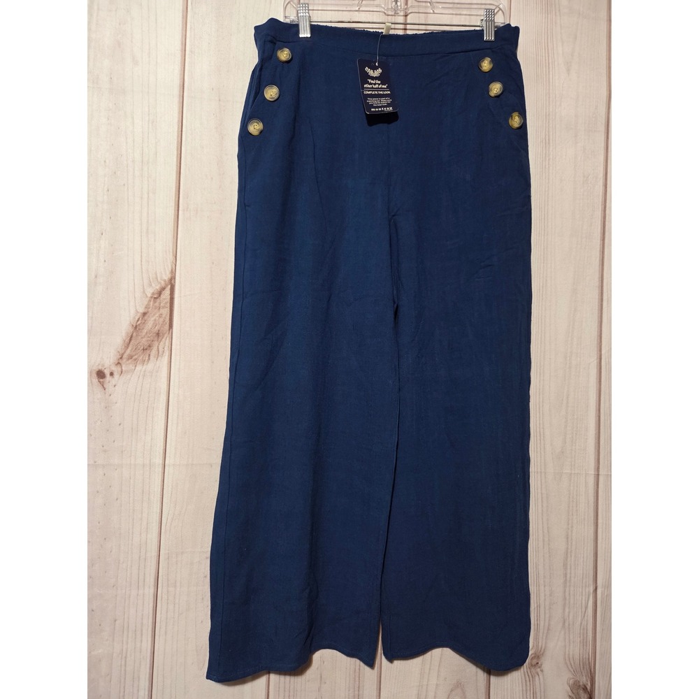 Monteau Los Angeles Navy Blue Wide Leg Sailor Pants Rayon Linen‎ XL NWT Flowy